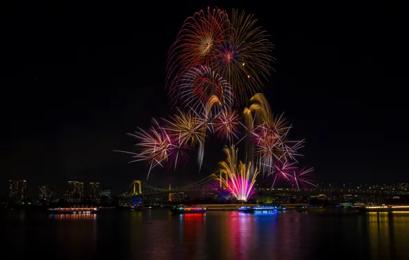 Lights, holiday, the building, beauty, Tokyo, Japan, Rainbow Bridge, fireworks