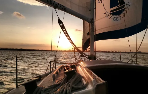 Sunset, the ocean, coast, the evening, yacht, sails, sail, Puerto Rico