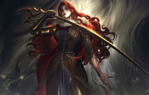 Girl, sword, fantasy, game, armor, butterfly, redhead, artwork