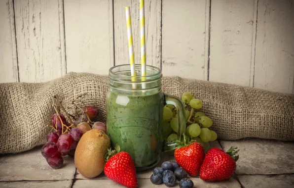 Picture berries, kiwi, strawberry, grapes, mug, drink, burlap, tube