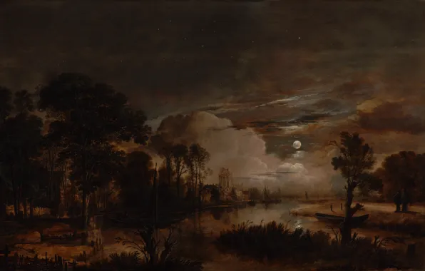 Painting, landscape, Aert van der Neer, neer moonlit, aert van der, Amstel river, castle Kostverloren