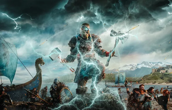 Lightning, hammer, axe, warriors, Milner, Assassin's Creed Valhalla