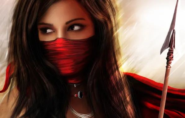 Girl, weapons, red, mask, spear