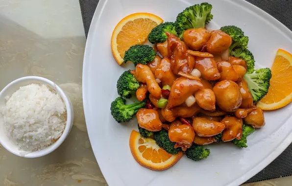 Orange, chicken, plate, figure, vegetables, sauce, broccoli, teriyaki