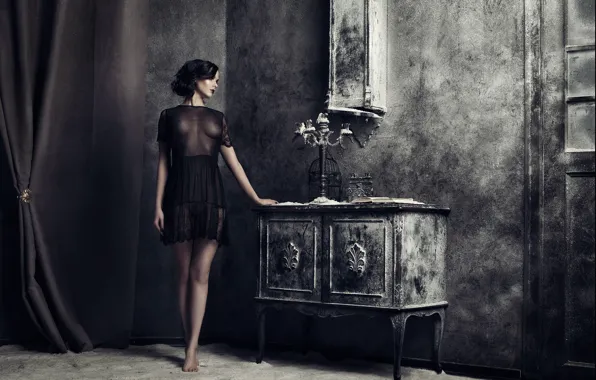 Girl, room, Gothic, chest, in black