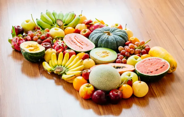 Watermelon, bananas, fruit, a lot, different, melon, cuts