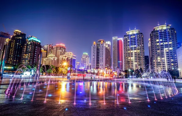 The sky, water, night, the city, lights, blue, street, view