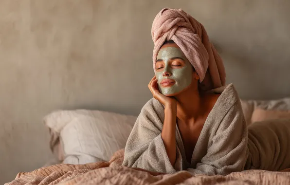 Girl, towel, pillow, mask, bed, Bathrobe, cosmetics, clay