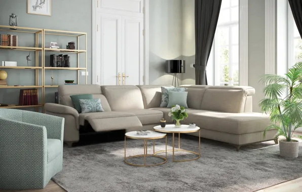 Design, style, room, interior, plants, living room, upholstered furniture, racks