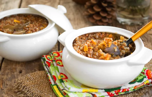 Picture mushrooms, pot, porridge, buckwheat