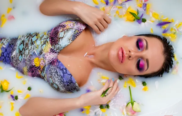 Flowers, face, pose, hands, makeup, milk, closed eyes, Alena