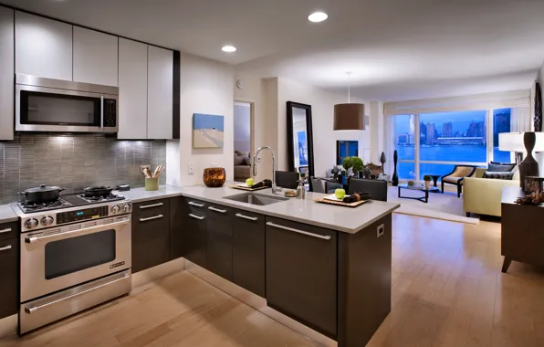 The city, table, room, Wallpaper, interior, window, kitchen, apartment