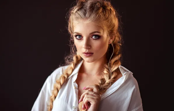 Picture look, face, hand, portrait, Kate, braids, the dark background, Lena Milovidova