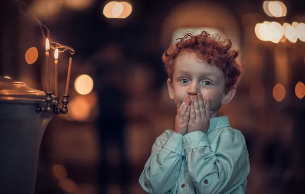 Picture emotions, candles, boy, red, curls, child, ginger, bokeh