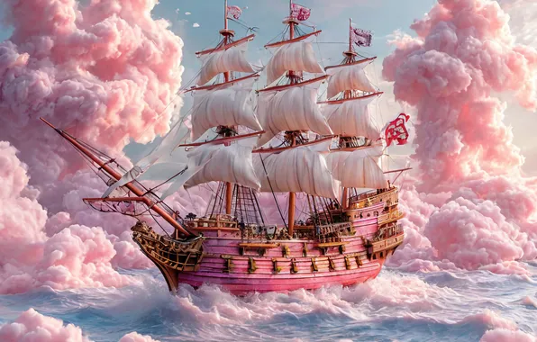 Sea, Ship, Pink clouds
