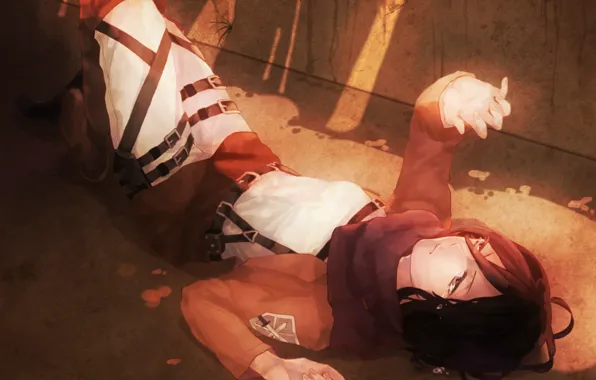 Scarf, military uniform, lying on her back, a beam of light, Mikasa Ackerman, The Invasion …