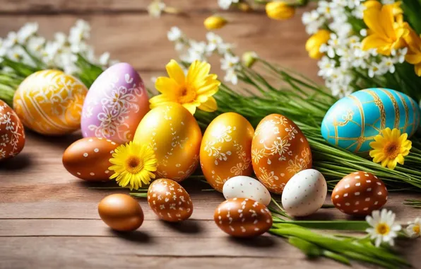 Flowers, eggs, spring, colorful, Easter, happy, flowers, spring