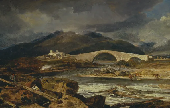 The sky, landscape, mountains, clouds, bridge, river, home, William Turner