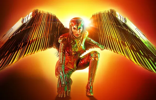 Pose, wings, costume, helmet, Wonder Woman, poster, red background, comic