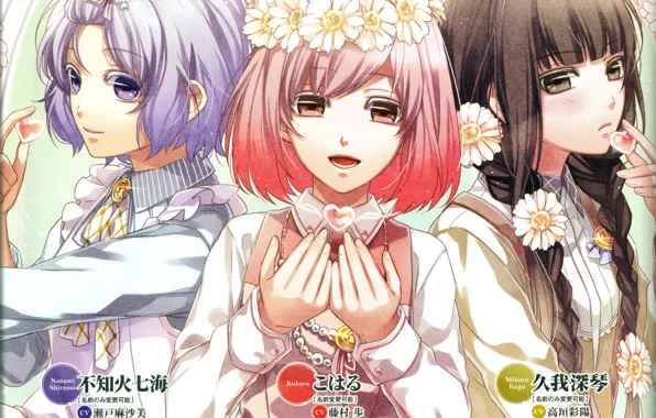 Chamomile, characters, hearts, braids, wreath, friend, mikoto kuga, NORN9