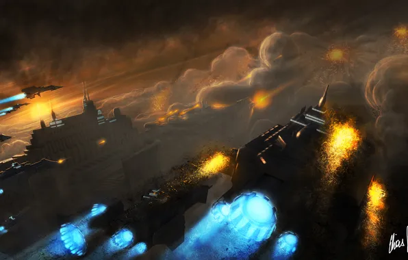 The city, smoke, explosions, ships, art, attack, Warhammer, 40 000