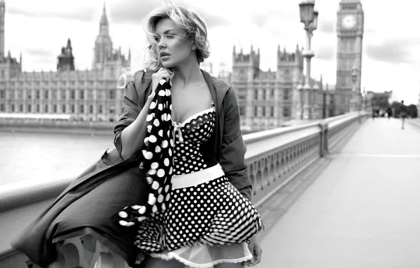 Girl, bridge, the city, the wind, model, London, dress, black and white