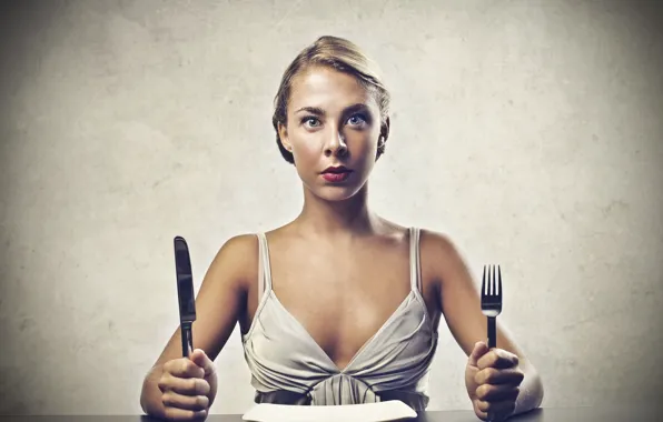 Plate, food, Blonde, table, looking lost, silverware
