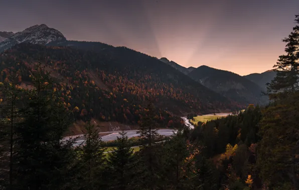 Autumn, forest, the sky, rays, trees, mountains, nature, river