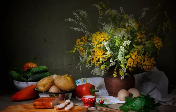 Picture greens, still life, eggs, cucumbers, fat, bouquet, potatoes, pepper
