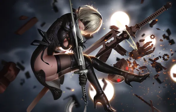 Picture girl, weapons, the game, art, yorha unit no. 2 type b, nier: automata