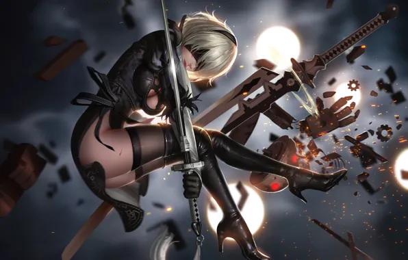 Girl, weapons, the game, art, yorha unit no. 2 type b, nier: automata