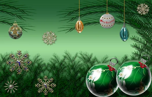 Snowflakes, balls, Christmas, New year, green, green background, Christmas decorations, tree branches