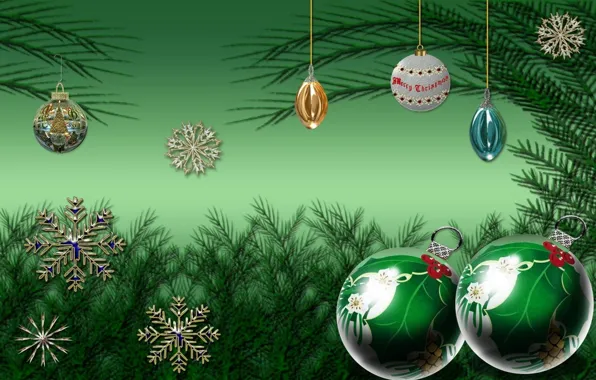 Picture green, snowflakes, New year, balls, Christmas, Christmas decorations, tree branches, green background