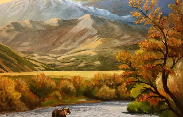 Picture autumn, trees, landscape, mountains, river, bear