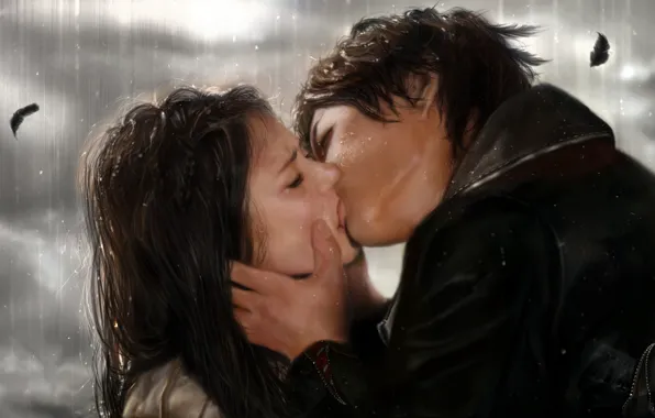Picture love, rain, kiss, the series, The Vampire Diaries, Elena, Damon
