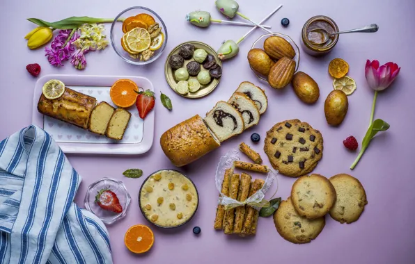 Flowers, berries, table, towel, oranges, sticks, cookies, blueberries