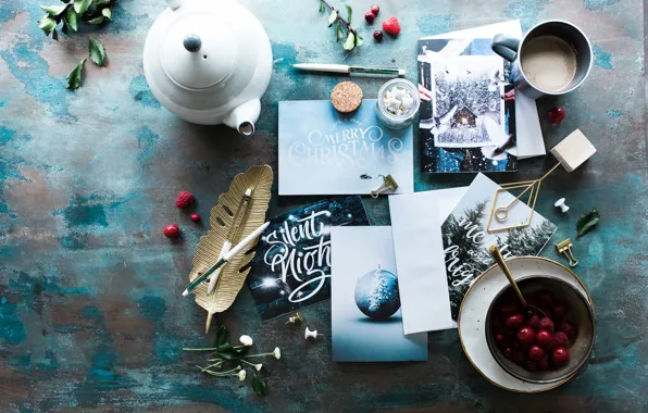 Winter, berries, table, pen, holiday, the inscription, kettle, Christmas