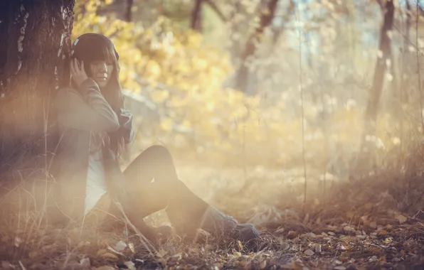 Autumn, forest, leaves, girl, music, pictures, dereva