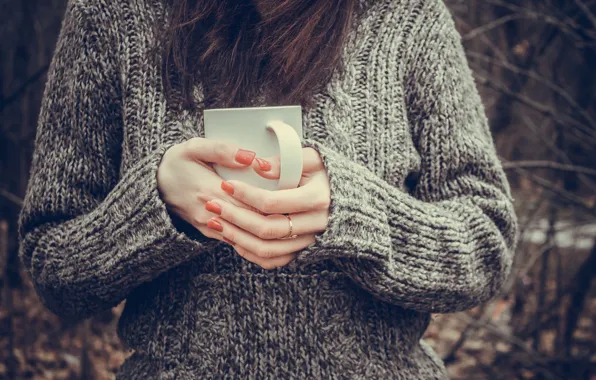 Girl, heat, hands, Cup, sweater, manicure