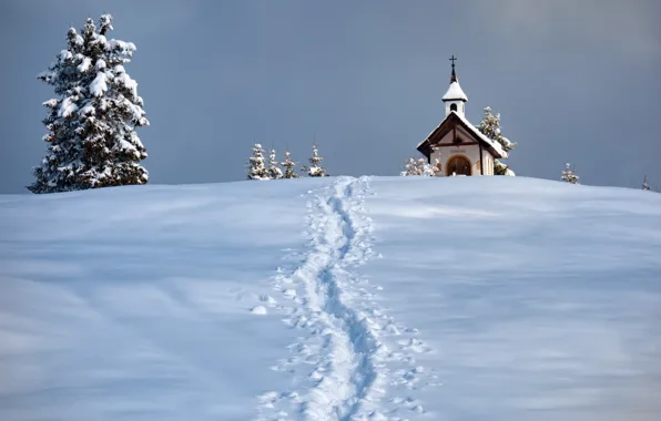 Snow, trail, chapel