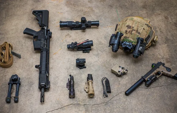 Picture helmet, assault rifle, carabiner, gun