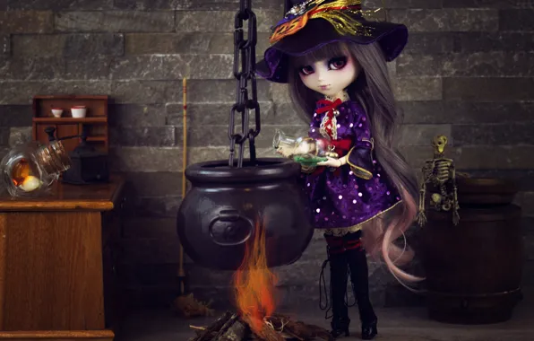Fire, toy, doll, witch, potion, boiler