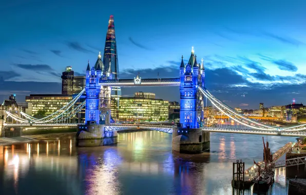 Bridge, the city, river, England, London, building, the evening, lighting