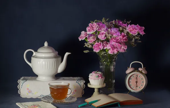Tea, watch, bouquet, handle, book, cake, still life, clove