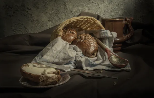 Table, wall, oil, towel, Breakfast, bread, spoon, knife