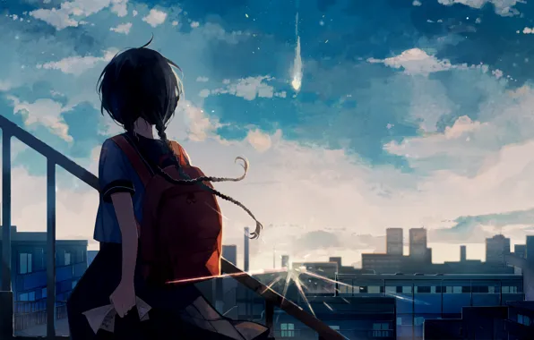 The sky, clouds, the city, comet, ladder, girl