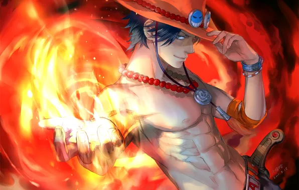 Fire, hat, anime, art, guy, One Piece