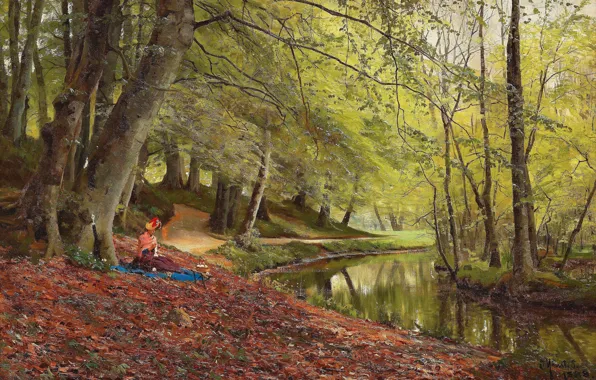 Trees, Picture, River, Woman, Peter Merk Of Menstad, Peder Mørk Mønsted, A picnic in the …