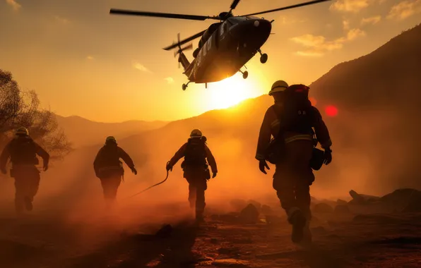 Smoke, Helicopter, Dawn, Men, Digital art, AI art, The Art of Artificial Intelligence, Neural network