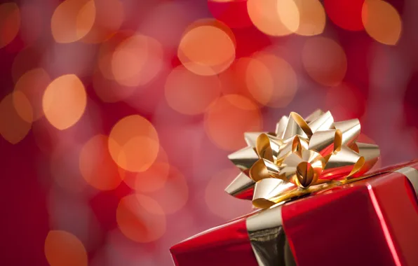 Winter, box, gift, New Year, Christmas, gold, bow, Christmas